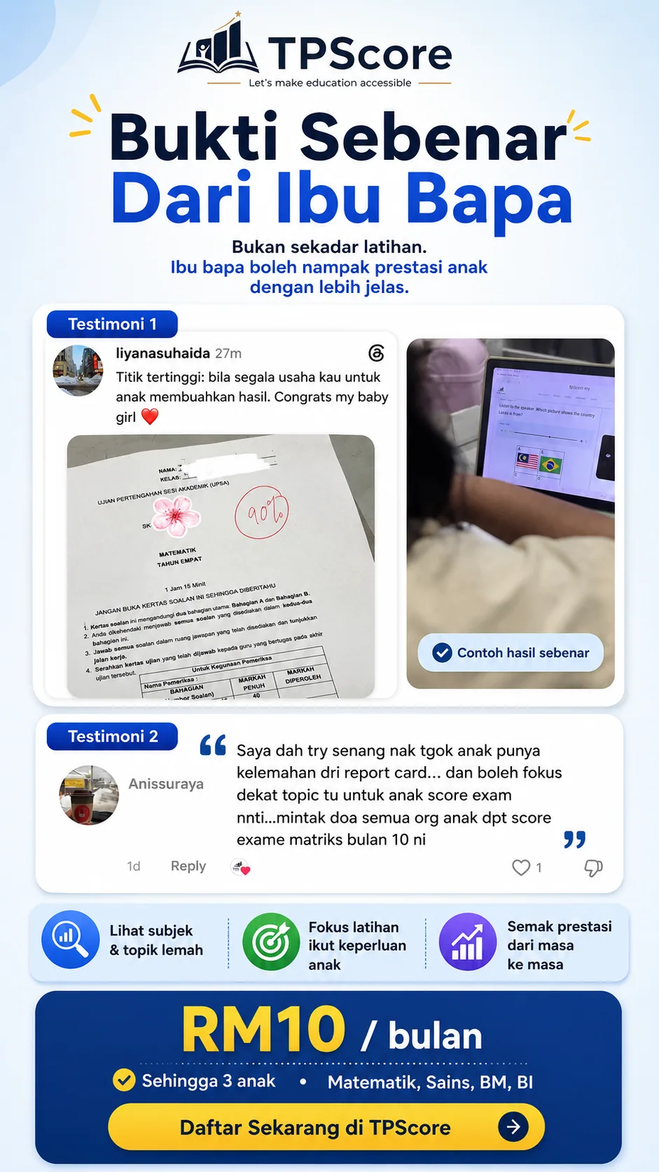 Testimoni sebenar ibu bapa dan bukti penggunaan TPScore.